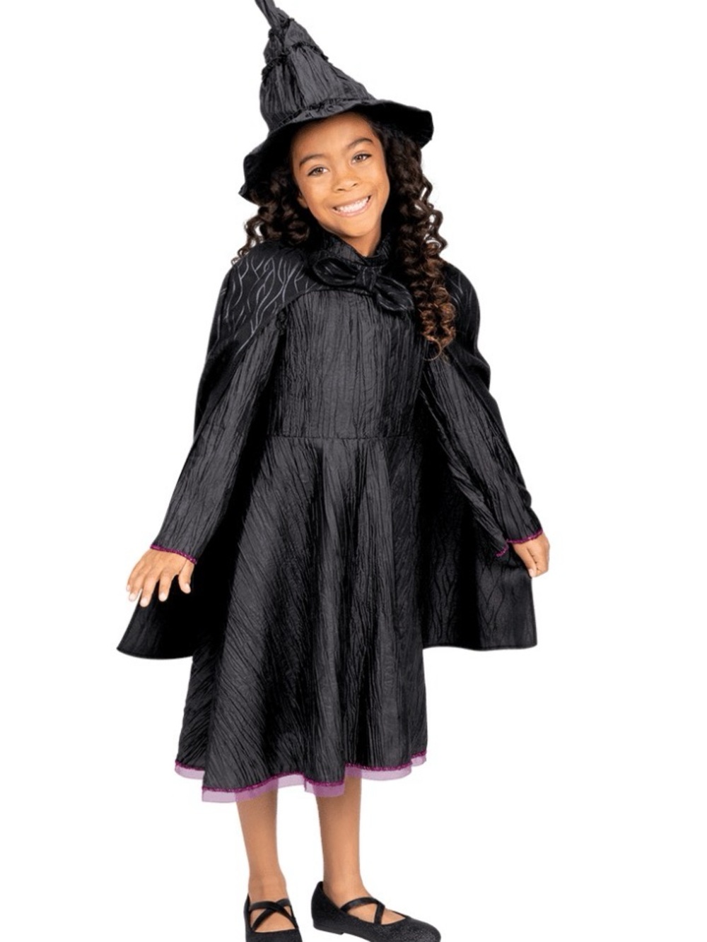 Girls Black Witch Costume Dress & Hat with Purple Trim - Picture 1 of 4
